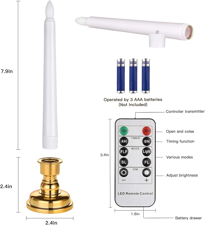 JOSU Taper Battery Operated Candles: 8PCS Flickering Flameless Candles with Timer - 3D Wick Fake Window Candle Outdoor +8 Gold Candlesticks, for Home Decor & Festival Celebration