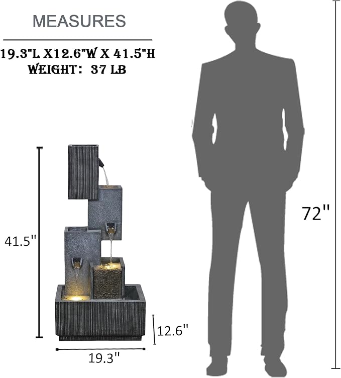 Tiered Water Fountain Outdoor Garden - Waterfall Patio Freestanding Cascade Fountains Concrete Artistry Modern Style with LED Lights for Yard Pool Home Decor, 41.5 inches Tall