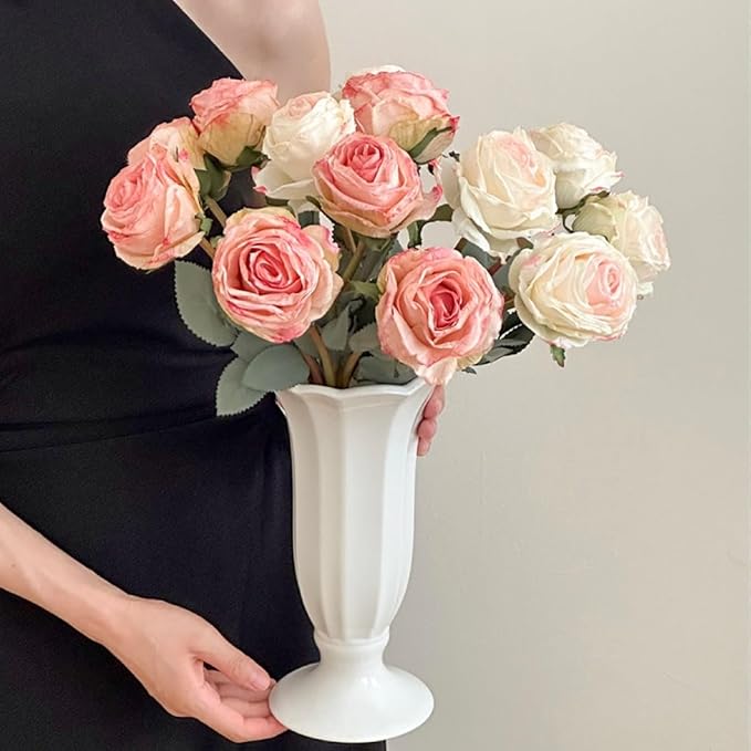 Kimura's Cabin 12pcs Lifelike Faux Silk Roses Flowers with Stem Artificial Rose Bouquet Fake Vintage Roses Dried Flower for Valentines Day Home Centerpiece Wedding Party DIY Decoration(Pink White)