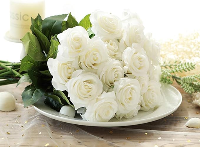 Amzali Artificial Flowers, Real Looking Blush Fake Rose Long Stem Silk Artificial Rose Flowers Home Decor for Bridal Wedding Bouquet, Centerpieces Birthday Flower Party Garden floral Arrangement White