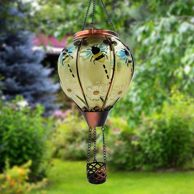 2PCS Solar Hot Air Balloon Lanterns with Flame with Shepherd's Hooks, Glass Hanging Flickering Lights Outdoor Waterproof for Garden Tree Yard Patio Mother's Day Gift, 18" H Bee