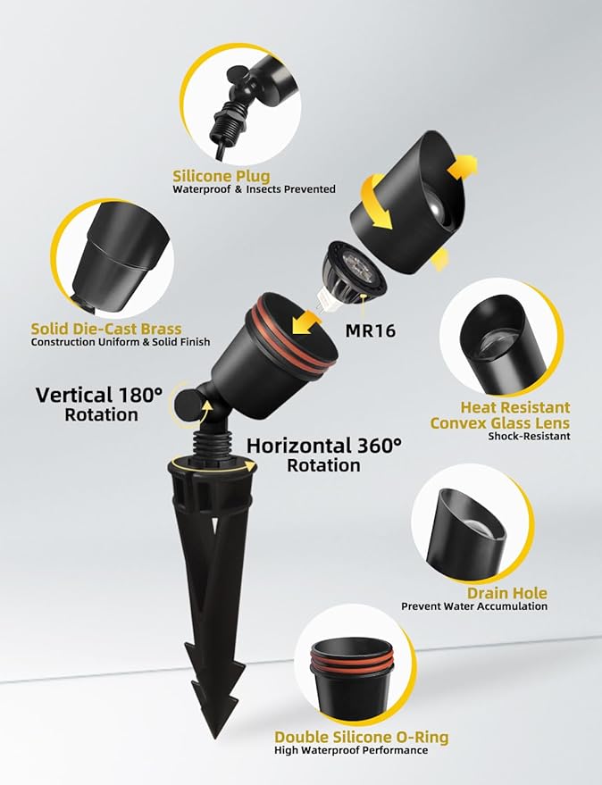 COLOER Brass Low Voltage Landscape Spotlight(Black) 12-Pack with 5W Aluminum Housing MR16 LED Bulb 2700K 450LM CRI85+,12V AC/DC Outdoor Uplighting, Directional Garden Patio Spot Up Light(101B-Black)