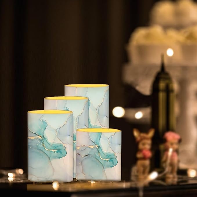 Flameless LED Candles Electric Candles with Remote Timer Color Changing Control Long Lasting for Home Table Centerpiece Decoration Pack of 4, Marble Blue Purple