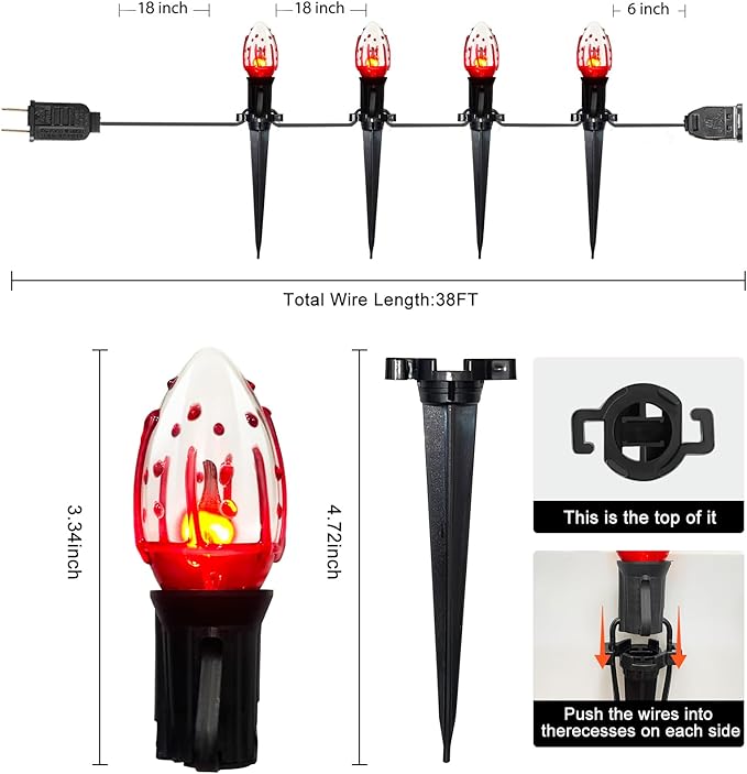 38Ft Outdoor Halloween Decorations Pathway Lights, C9 Flickering Flame Pathway String Lights with 25 Stakes Lights, Plug in Halloween Walkway Light Waterproof for Lawn Yard Sidewalk Garden