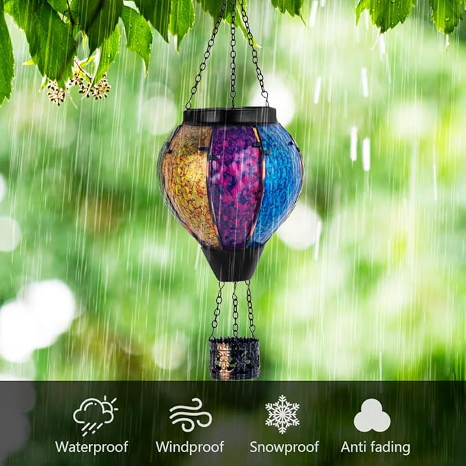 2PCS Solar Hot Air Balloon Lantern with Flame, Handmade Glass Hot Air Balloon Solar Lantern, Outdoor Lanterns Waterproof for Patio, Garden, Porch (Colorful)