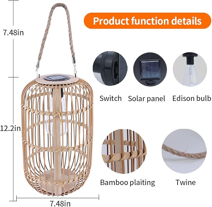 Solar Lantern Outdoor Waterproof, Large Rattan Solar Lantern Outdoor Hanging with Handle, Natural Bamboo Solar Outdoor Lights with Edison Bulb for Garden Patio Yard Tabletop Decoration
