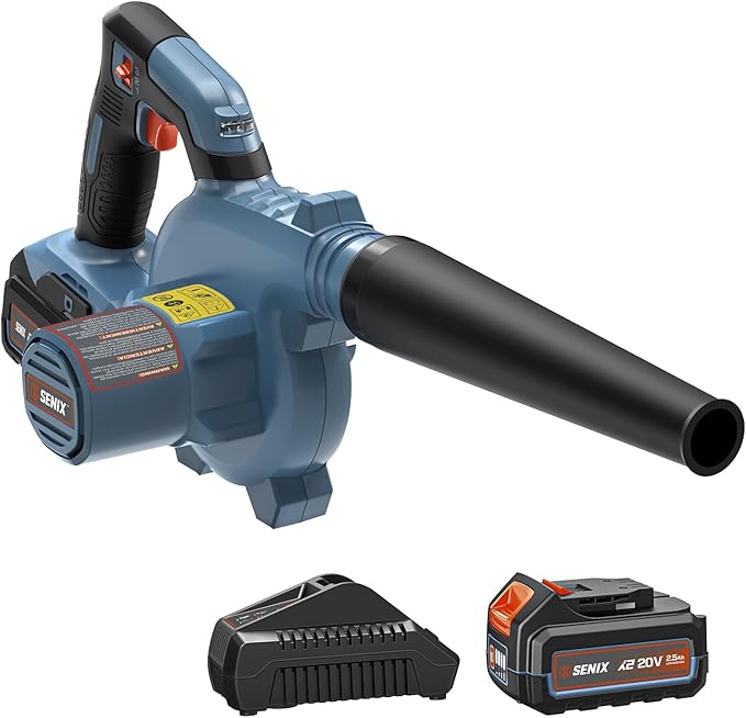 SENIX 20V Cordless Leaf Blower, Electric Blowers with Brushless Motor, 3 Variable Speed Modes, 75 CFM and 180 MPH, 2.5Ah Battery and Charger Included, Lightweight Leaf Blowers for Lawn Care (BLX2-M)