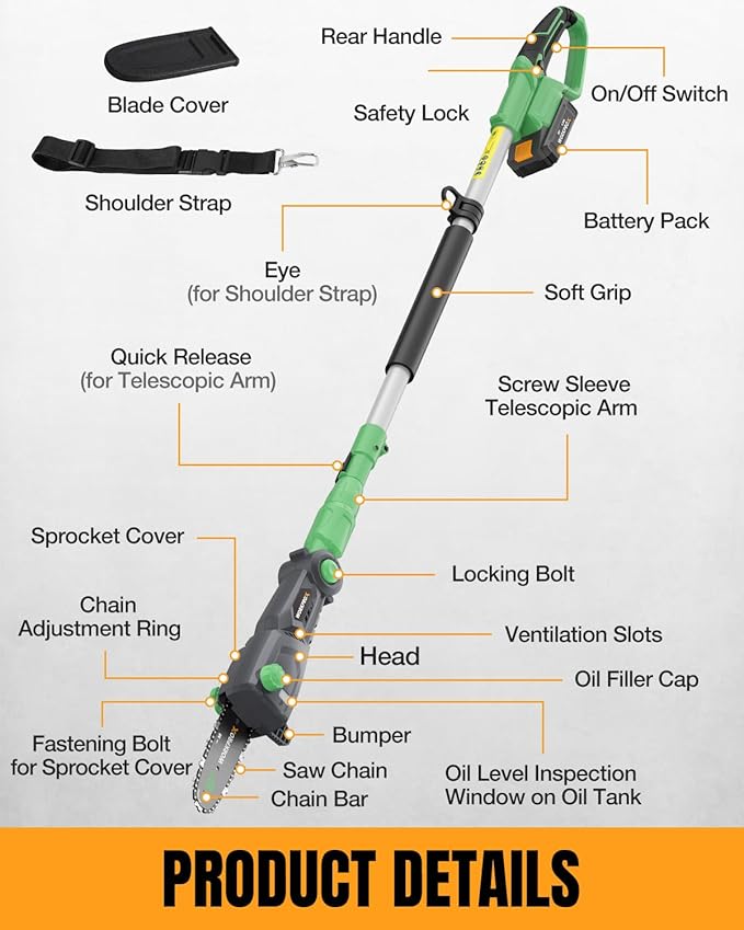 WORKPROX Cordless Pole Saw with Battery, 20V 4.0Ah Battery Powered 8 Inch Electric Pole Chainsaw, 4000mAh Power Bank with Quick Charge 3.0, Lightweight, 9.2 FT Max Reach Pole Saw for Tree Trimming