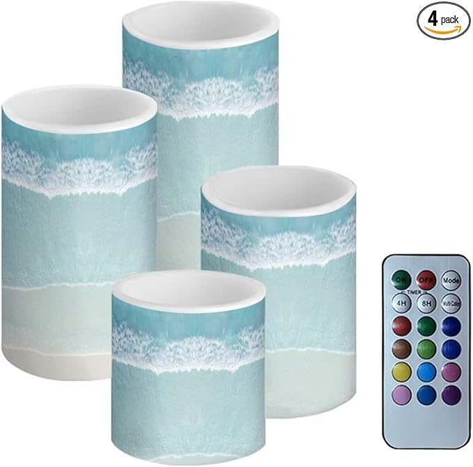 Flameless LED Candles Electric Candle Set with Remote Timer Color Changing Control Long Lasting for Table Centerpiece Home Indoor Coastal Decoration Set of 4, Beach Light Blue