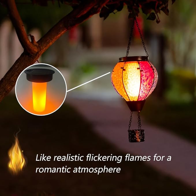 2PCS Solar Hot Air Balloon Lantern with Flame, Handmade Glass Hot Air Balloon Solar Lantern, Outdoor Lanterns Waterproof for Patio, Garden, Porch (Colorful)