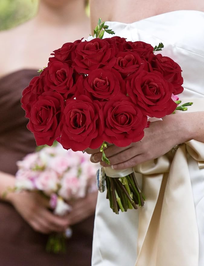 25PCS Artificial Red Rose Flower Heads Velvet Rose Flowers Real Look Rose Flower Heads for DIY Wedding Home Party Baby Shower Decor(Red)