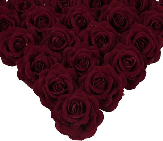 25PCS Faux Rose Flower Head Burgundy Velvet Rose Flowers Fake Flower Heads for DIY Wedding Home Party Baby Shower Decor(Burgundy)