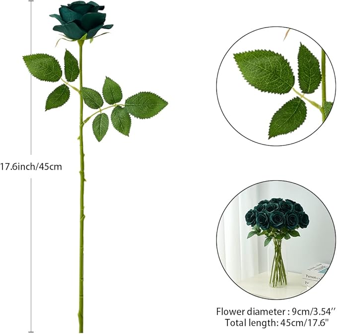 12PC Peacock Green Roses Artificial Flowers Fake Roses Silk Flowers Roses with Long Stems for Wedding Home Party Centerpieces Decorations