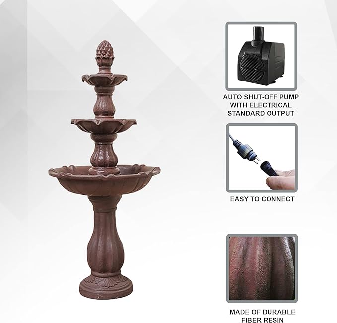 XBrand 3-Tier Freestanding Waterfall Fountain w/Pump & Pineapple Top, 51 Inch Tall, Brown, Large Outdoor Garden Fountain, Ideal for Garden, Porch, and Lawn