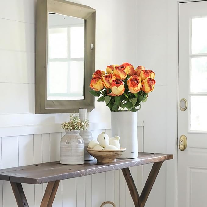 12pcs Orange Roses Artificial Flowers Vintage Burnt Edge Rose 20" Realistic Silk Roses Bouquet with Long Stem for Wedding Party Floral Centerpieces Decoration (Orange)