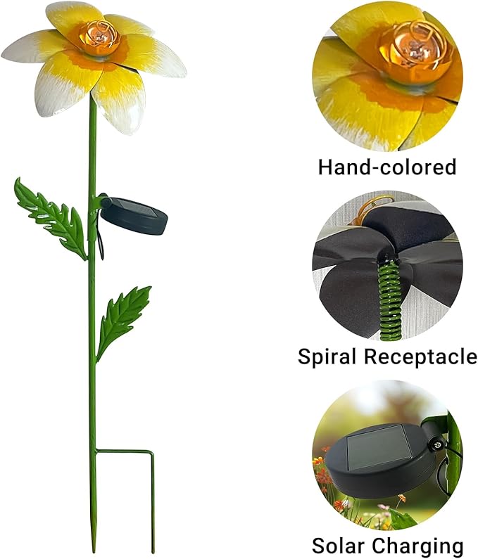 4Pcs 25" Solar Garden Decor for Outside, 3D Metal Flowers for Outside, Valentines Day Garden Stakes Decoration, Solar Lights Garden Decor, Yard Art for Lawn Patio Porch Gifts for Her