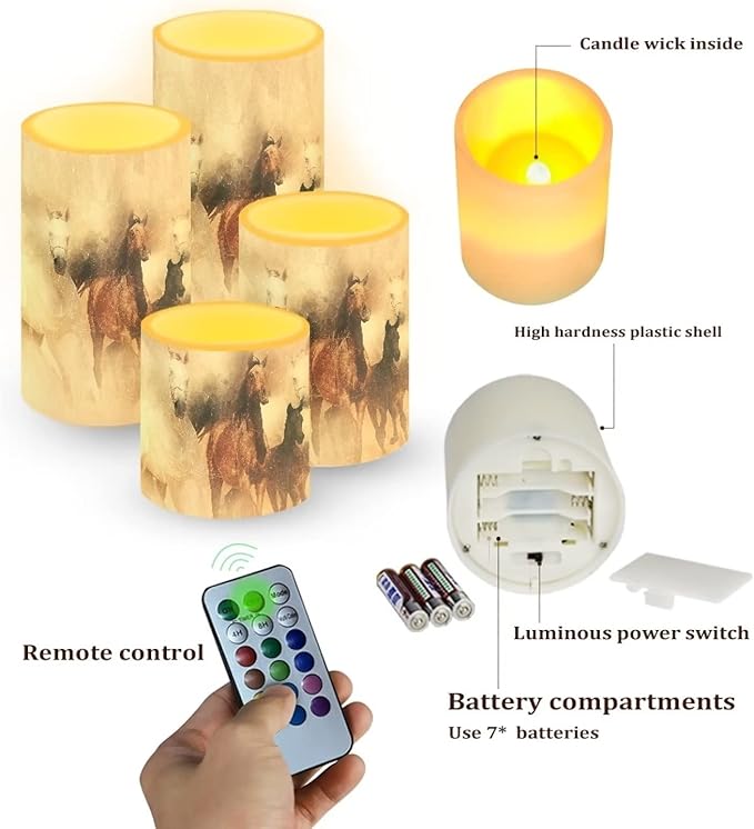 Vintage Running Horse Outdoor Waterproof LED Candles Battery Operated Set of 4 with Timer Remote Colour Changing Pillar Candles for Fall Halloween Decor