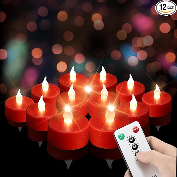 Tea Light Candles with Remote Control,12pack Flickering Flameless LED Candle,Long Lasting 400+Hours,Battery Operated with Timer for Home Decoration Seasonal &Festival Celebration Red
