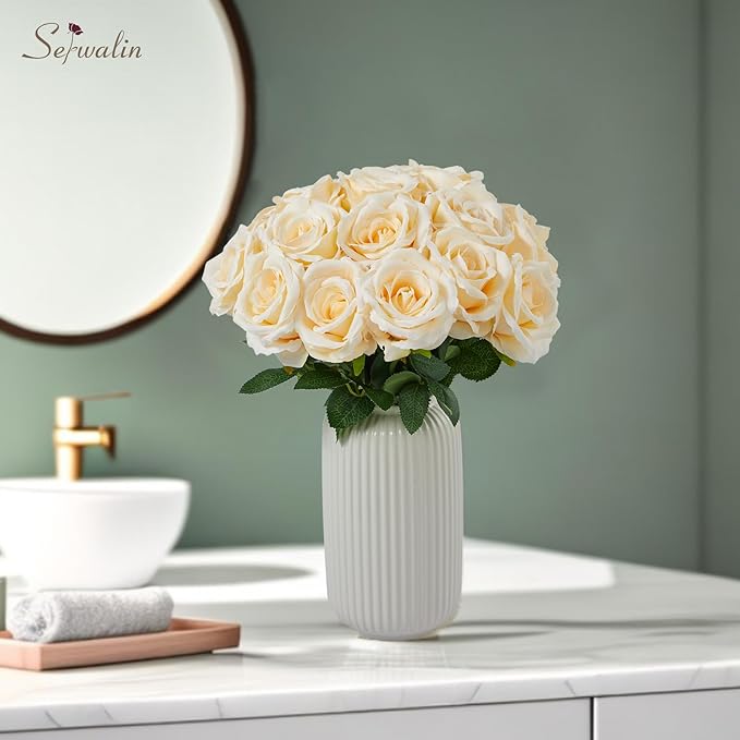 Serwalin 20pcs Artificial Roses, 4'' Big Flower Head, Champagne Velvet Silk Roses, Fake Roses Long Stem Realistic Bouquet for Wedding Table Centerpiece