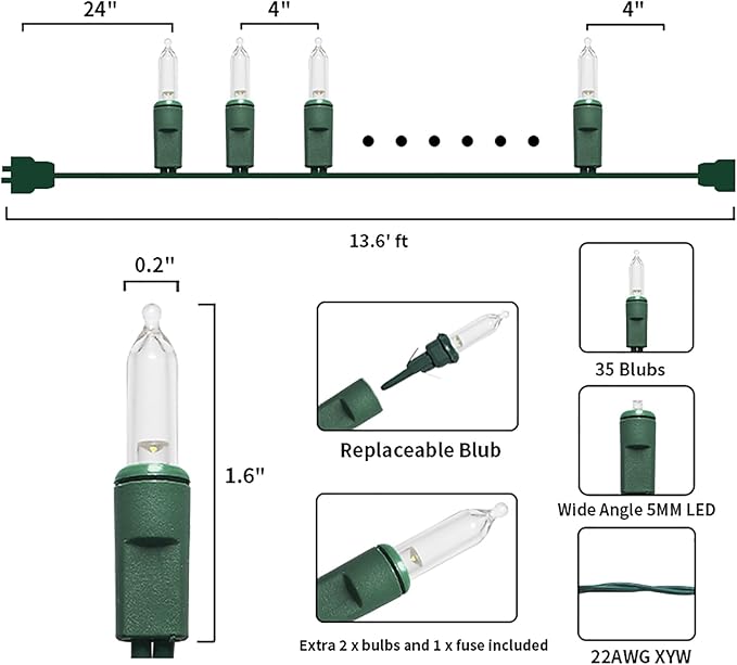 MULTI-SPARKING White LED Christmas Lights - 35 Count Warm White Christmas String Lights for Small Tree, Crafts, Holiday, Indoor/Outdoor Decorations, 11 Feet Green Wire, UL Certified, Connectable