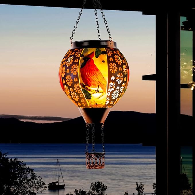 DREAMSOUL Cardinal Hot Air Balloon Solar Lantern, Metal Solar Lantern with Flickering Flame, Solar Lanterns Outdoor Waterproof for Lawn Patio Decor Christmas Gifts