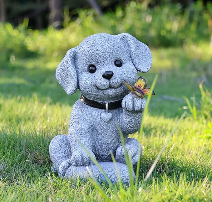 MeritMode Solar Dog Garden Statue with Butterfly Lights - Waterproof Outdoor Statue Decor for Patio, Lawn, Balcony, for Mom, Grandma, Women on Mother’s Day, Father’s Day, Housewarming