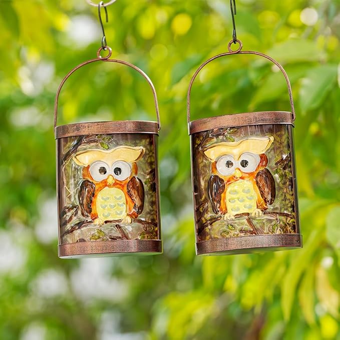 2 Pack Owl Solar Lanterns Outdoor Waterproof, Hanging Glass Solar Lantern with LED Light for Garden Yard