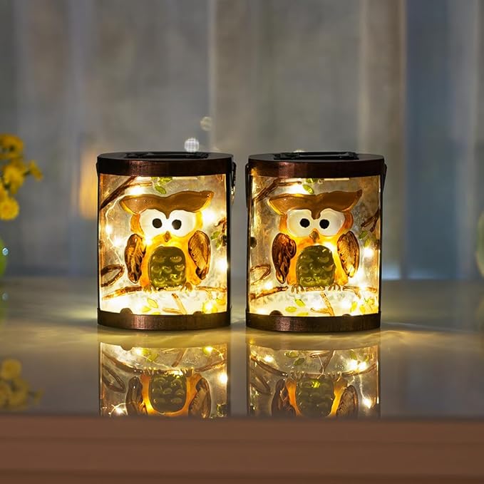 2 Pack Owl Solar Lanterns Outdoor Waterproof, Hanging Glass Solar Lantern with LED Light for Garden Yard