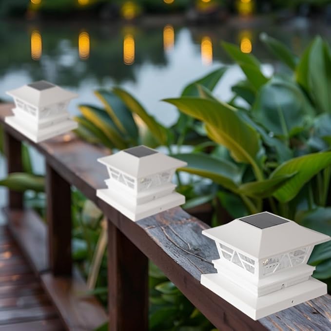 TW SHINE 4 Pack Solar Outdoor Fence Post Lights, 2 Modes Post Cap Lights Waterproof Warm White/Cool White for Yard, Garden, Porch, Patio Decor, for 4x4 5x5 6x6 Wood Posts, White