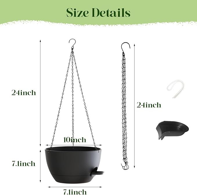 10 Inch Hanging Planters with Chains 2 Pack Self Watering Black Plastic Hanging Pots for Indoor Outdoor Plants, Garden Porch Home Decor (Black)