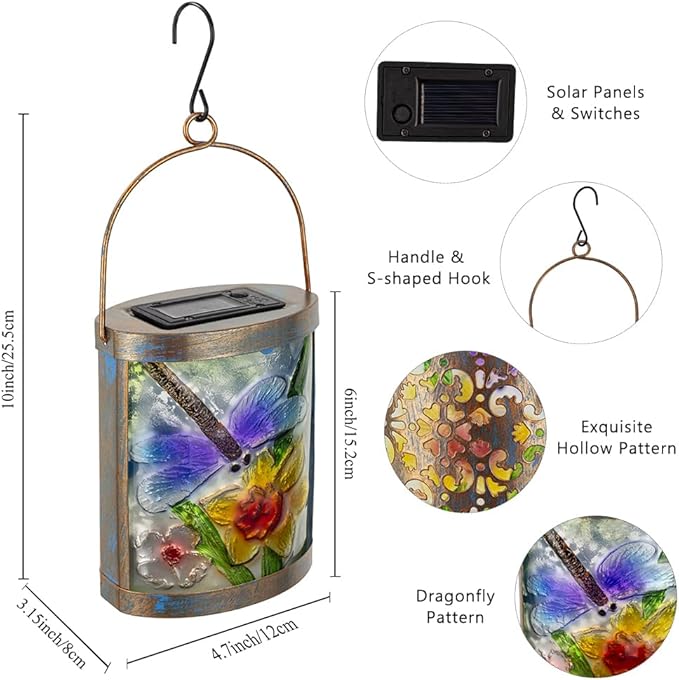 2 Pack Dragonfly Hanging Solar Lanterns Outdoor Waterproof Decorative Glass LED Solar Lantern for Tabletop Garden Patio Decor