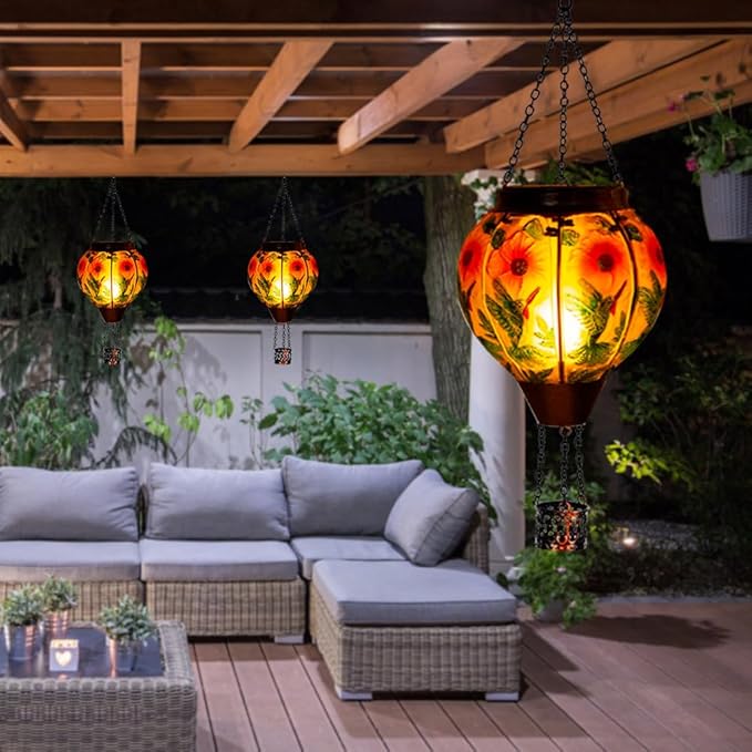 DREAMSOUL 2PCS Hummingbird Hot Air Balloon Solar Lantern, Hanging Glass Solar Lanterns Outdoor Waterproof for Garden Tree