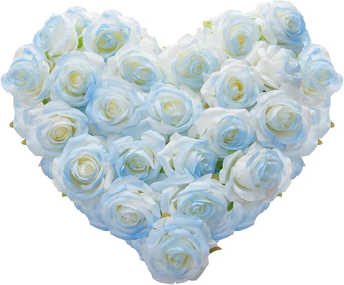 Ice Blue Artificial Roses Fake Flowers Not Bend The Peduncle with Stems for DIY Wedding Bouquets Bridal Shower Centerpieces Arrangements Tables Decorations 24pcs