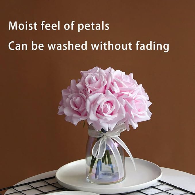 Artificial Roses Single Stem 10pcs Fake Silk Flower Arrangement Bouquet Real Touch for Home Party Wedding Decoration(Light Pink)