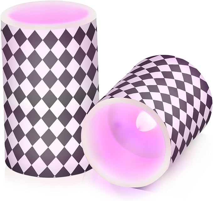 Flickering Flameless Candles, Black White Rhombuses Checkered LED Candles with Remote Timer, Set of 2 Battery Operated Candle for Valentine Wedding Birthday