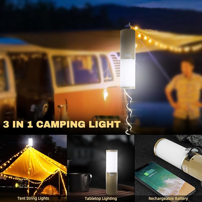 Camping Lantern with 49.2FT String, 2 in 1 Outdoor Warm White String Lights with 4 Modes & 5 Modes Rechargeable Camping Lamp IPX4 Waterproof Portable LED Tent Light for Outdoor Yard Garden Decoration