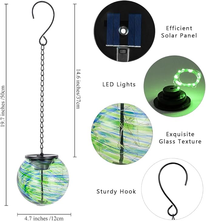 Color Changing Hanging Solar Lanterns Outdoor Waterproof LED Glass Solar Globe Light with S Hooks,Gazing Ball Outdoor Decorative Lanterns for Patio,Pathway,Yard,Garden Decor Gift for Women