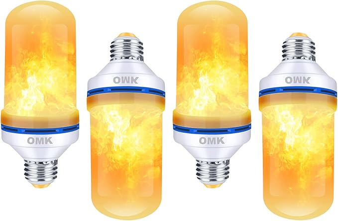 OMK 4 Pack Flickering Light Bulbs Christmas Decorations Sunlight LED Flame Effect Light Bulbs 4 Modes Fire Flickering Light Bulbs for Party Indoor Outdoor Decor Holiday Gifts