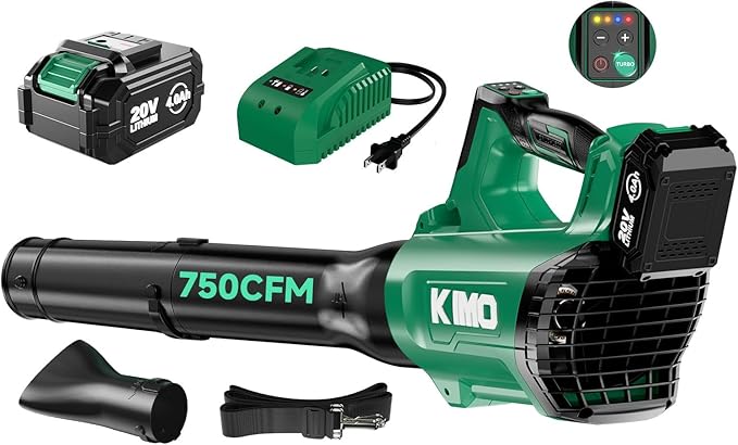 KIMO Cordless Leaf Blower with Battery and Charger, 750CFM 220MPH, 4 Speeds w/Turbo Mode, Brushless Motor, 3 Extended Tube, 4000mAh Battery Powered Leaf Blowers for Lawn Care Patio Cleaning Wet Leaves