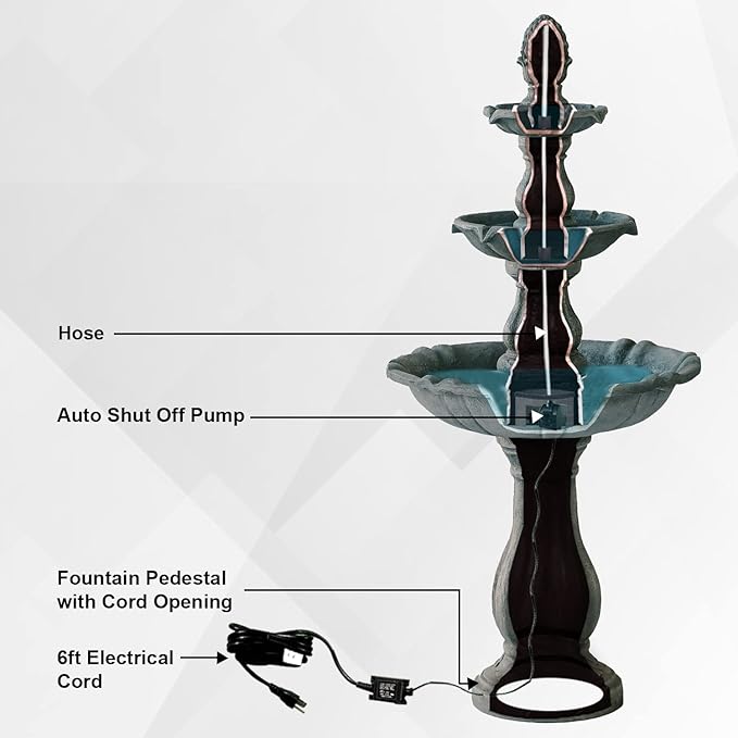 XBrand 3-Tier Freestanding Waterfall Fountain w/Pump & Pineapple Top, 51 Inch Tall, Grey, Large Outdoor Garden Fountain, Ideal for Garden, Porch, and Lawn