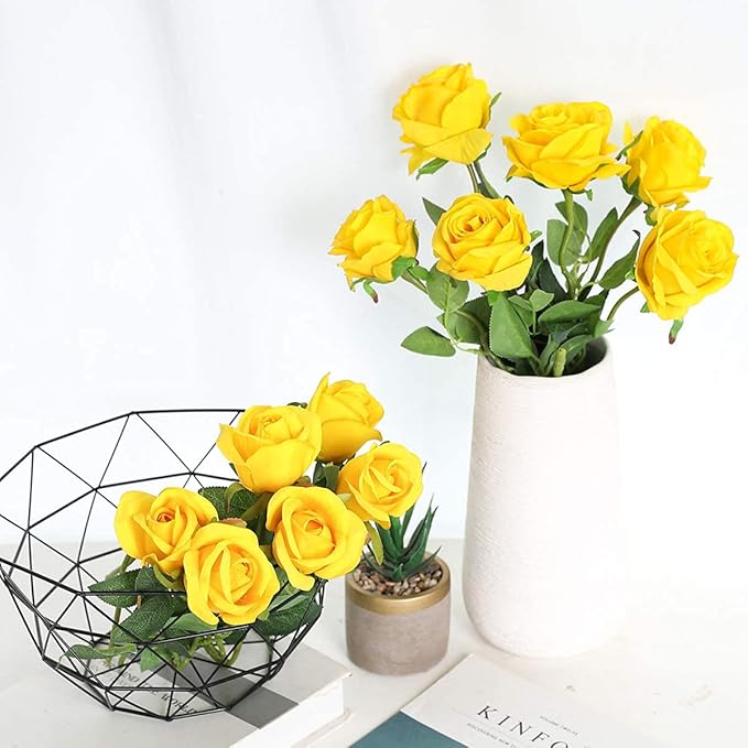 Hawesome 12PCS Artificial Silk Flowers Realistic Roses Bouquet Long Stem for Home Wedding Decoration Party (Yellow 1)