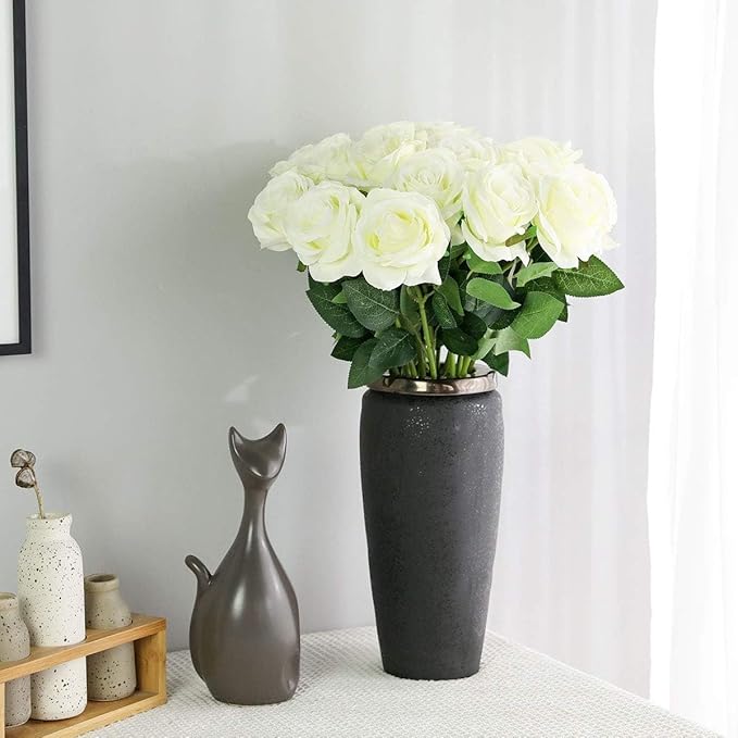 White Fake Roses Artificial Flowers - 10 Pcs Fake Artificial Roses Silk Flowers with Stems for Home Wedding Hotel Office Centerpiece Decor