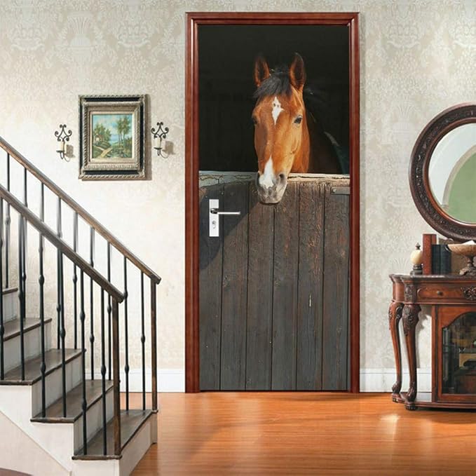 Horse 3D Door Stickers Murals - Peel & Stick - Waterproof & Washable - Matt Finish - Realistic Style - Adults - Wall & Door - 35.4" x 78.7"