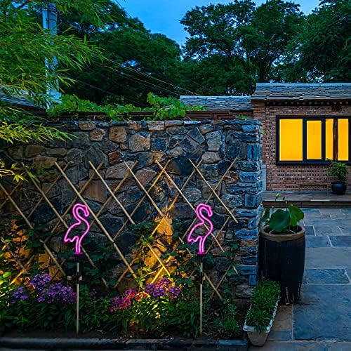 Pink Flamingo Solar Garden Stake Lights, [Set of 2] Outdoor Solar Pathway Light for Lawn Patio Yard Walkway, Neon Pink Lighting (30" Height)