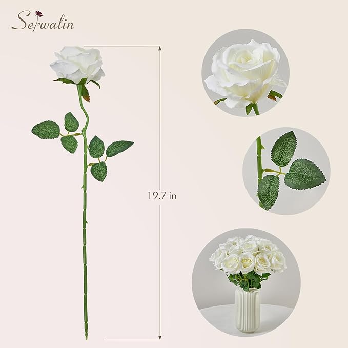 Serwalin 20PCS Artificial White Roses, 4'' Big Flower Head, Ivory Silk Roses, Velvet Fake Roses Bouquet Long Stem Roses for Home Decor Wedding and Table Centerpiece