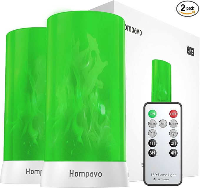【Upgraded】 LED Flame Lights with Remote & Timer, 4-Mode Rechargeable Battery Operated Flameless Candles, Waterproof Pillar Flickering Lanterns for Room Patio Wedding Halloween Home Decor, Green
