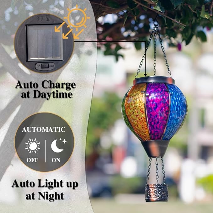 Solar Hot Air Balloon Outdoor Lantern with Flickering Flame, Handmade Glass Hanging Outdoor Lantern Waterproof Decorative Lantern Lamp for Patio, Garden, Porch (Colorful)