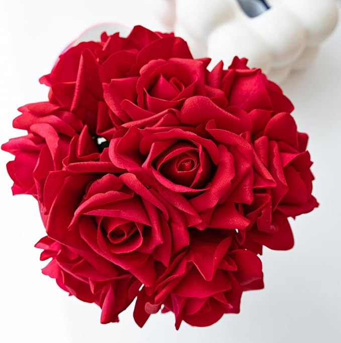 Artificial Roses Single Stem 10pcs Fake Silk Flower Arrangement Bouquet Real Touch for Home Party Wedding Decoration(Red)