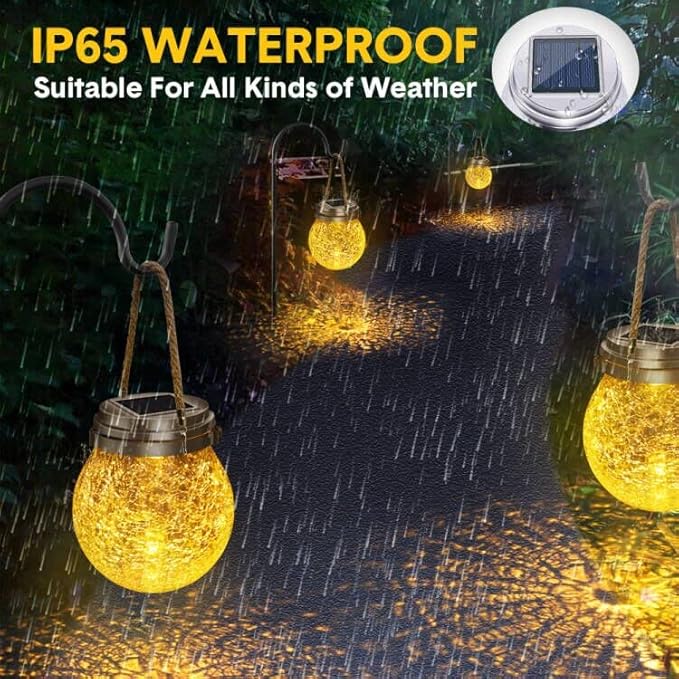 DBF Solar Lanterns Outdoor Waterproof, 2 Pack Hanging Solar Lights Outdoor, LED Cracked Glass Ball Globe Lantern Garden Decor for Patio Backyard Pathway Tree Porch Fence Events (Amber Warm & RGB)