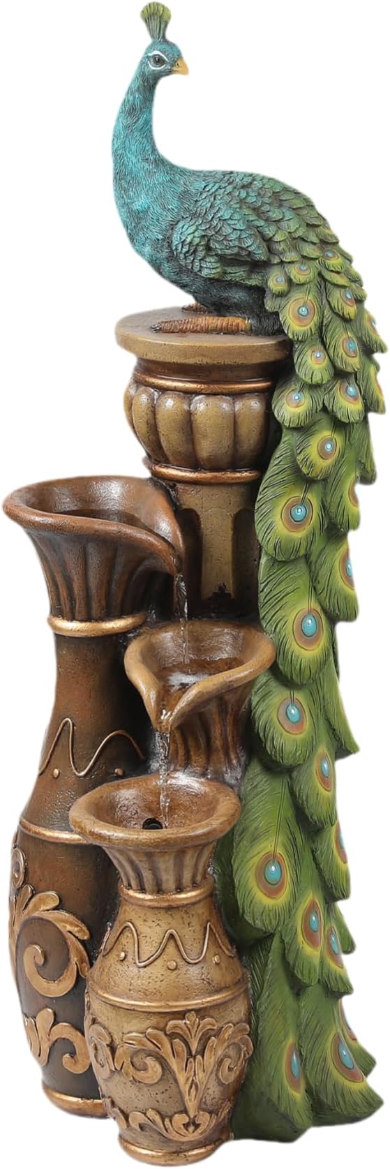 LuxenHome Outdoor Water Fountain, 44 Inch Resin Peacock Water Fountain Outdoor with Urns and LED Light, Tall Fountains Outdoor for Garden, Waterfall for Patio, Brown/Teal
